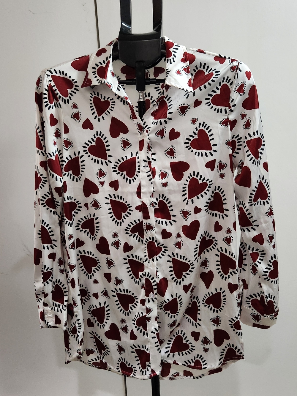 Lulumari White Button-Down Shirt with Red Heart Print